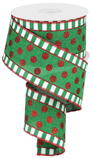 RIBBON | 2.5"X10YD |ROYAL BURLAP | GLITTER DOTS/STRIPES | EMERALD/RED/WHITE | RG0140506