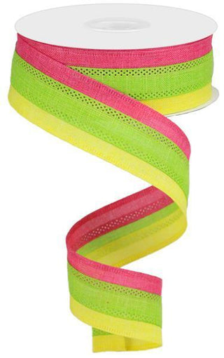 RIBBON | 1.5"X10YD | 3 COLOR | 3-IN-1 | ROYAL BURLAP | YELLOW/LIME/HOT PINK | RG01601M6