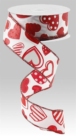 RIBBON | 1.5" X 10 YD | PATTERNED HEARTS | WHITE/RED | RG0163727