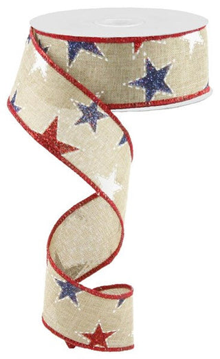 RIBBON | 1.5"X10YD DASHED STARS | GLITTER STARS | LT BEIGE/RED/WHITE/NAVE | RG0165701