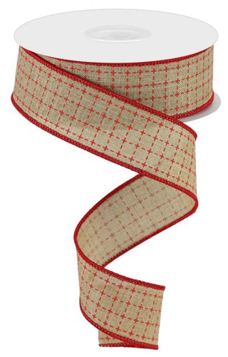 RIBBON | 1.5" X 10 YD | RAISED STITCHED SQUARES | ROYAL | LT NATURAL/RED | RG0167730