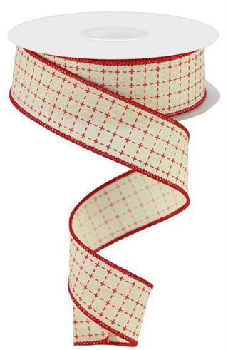 RIBBON | 1.5" X 10 YD | RAISED STITCHED SQUARES | ROYAL | CREAM/RED | RG01677C2