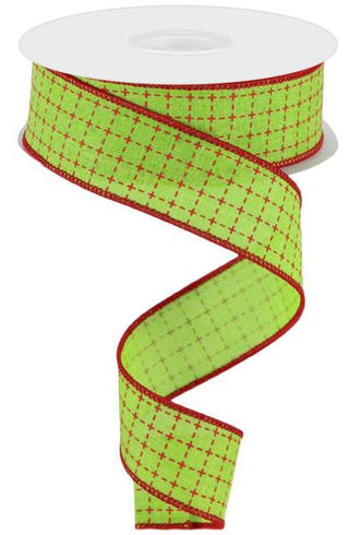 RIBBON | 1.5" X 10 YD | RAISED STITCHED SQUARES | ROYAL | LIME/RED | RG01677WY