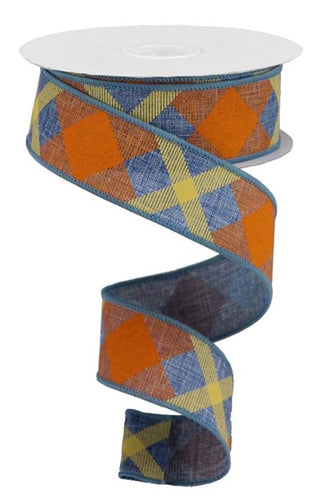 RIBBON | 1.5" X 10YD | PRINTED PLAID | ON ROYAL | DENIM BLUE/ORANGE/MUSTARD | RG01682RT