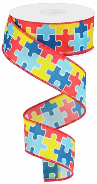 RIBBON | 1.5"X10YD | PUZZLE PIECES | AUTISM AWARENESS | WHITE/MULTICOLOR | RG01818W5