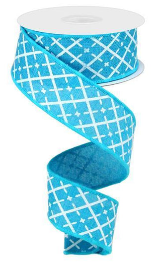 RIBBON | 1.5"X10YD | GLITTERED ARGYLE | ON ROYAL | TURQUOISE/WHITE/SILVER | RG01901A2