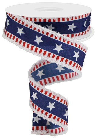 RIBBON | 1.5"X10YD BOLD STAR/STRIPES WITH DRIFT  ROYAL BURLAP | WHITE/RED/BLUE | RG08782A1