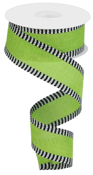 RIBBON | 1.5"X10YD FAUX ROYAL BURLAP/STRIPE | FRESH GREEN/BLACK/WHITE | RG08855LT | Taiwan