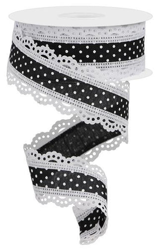 RIBBON | 1.5"X10YD | RAISED SWISS DOTS | WITH LACE | BLACK/WHITE | RG0886902