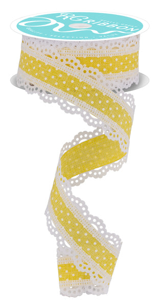 RIBBON | 1.5"X10YD | RAISED SWISS DOTS | WITH LACE | YELLOW/WHITE |  RG0886929