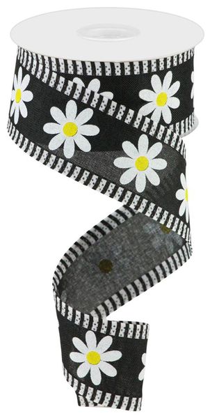 RIBBON | 1.5"X10YD FLOWER DAISY PRINT ON ROYAL/THIN STRIPE | BLACK/WHITE/YELLOW | RG089102