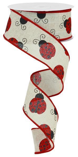 RIBBON | 1.5"X10YD | LADY BUG | LT NATURAL/RED/BLACK | SPRING | SUMMER | RG1626