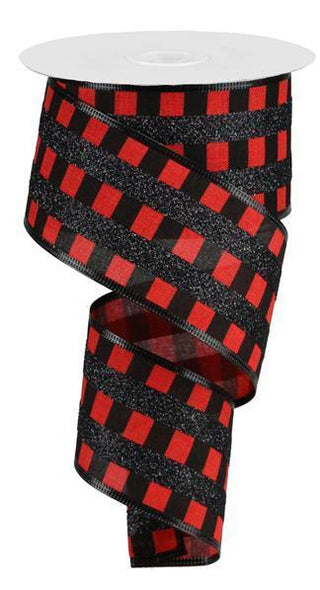 RIBBON | 2.5"X10YD GLITTER STRIPES ON ROYAL | RED/BLACK | RG882724