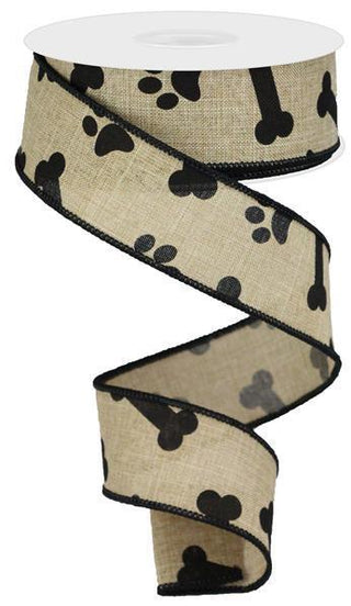 RIBBON | 1.5" X 10YD | PAW PRINT | BONES ON ROYAL | BEIGE & BLACK | PETS | RGA114701