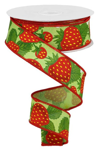 RIBBON | 1.5"X10YD | STRAWBERRIES | BRIGHT GREEN/WHITE/YELLOW/RED | RGA118309