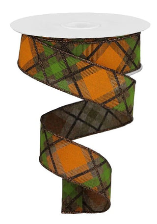 RIBBON | 1.5" X 10YD | ON ROYAL | BROWN/ORANGE/MOSS | GLITTER PLAID| RGA120104