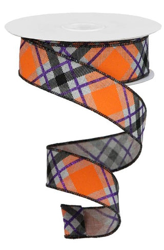 RIBBON | 1.5" X 10YD | ON ROYAL | LT GREY/PURPLE/ORANGE | GLITTER PLAID| RGA120110