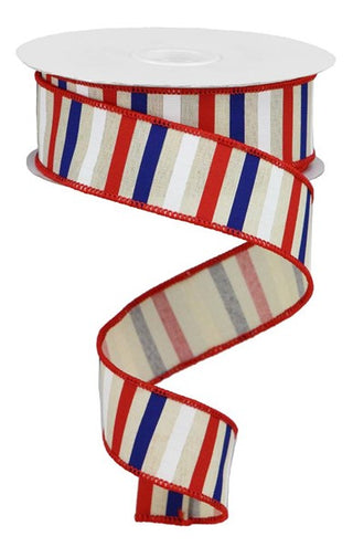 RIBBON | 1.5" X 10YD | ON ROYAL | CREAM, RED, WHITE AND BLUE | STRIPE | RGA120464