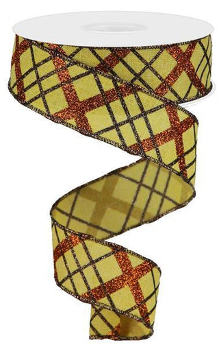 RIBBON | 1.5"X10YD GLITTER DIAGONAL PLAID/ROYAL | MUSTARD/COPPER/BROWN | RGA1222FH