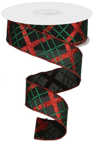 RIBBON | 1.5"X10YD GLITTER DIAGONAL PLAID/ROYAL | BLACK/RED/EMERALD | RGA1222WJ