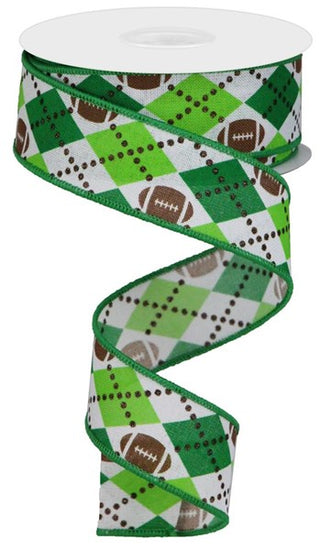 RIBBON | 1.5"X10YD | ARGYLE FOOTBALL | ON ROYAL | WHITE/BROWN/GREEN | RGA137506