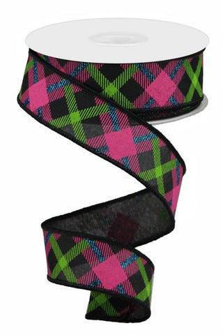 RIBBON | 1.5"X10YD PRINTED PLAID ON ROYAL | BLACK/LIME/HOT PINK/BLUE | RGA143202