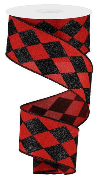 RIBBON | 2"X10YD | GLITTER HARLEQUIN | CHECK | RED/BLACK