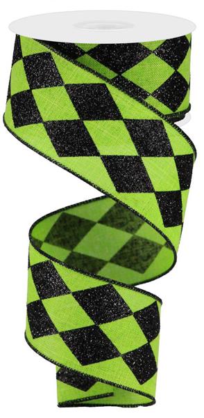 RIBBON | 2"X10YD GLITTER HARLEQUIN CHECK | LIME GREEN/BLACK | RGA149933