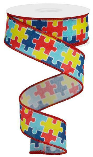 RIBBON | 1.5"X10YD | PUZZLE PIECES | ON ROYAL | AUTISM AWARENESS | WHITE/MULTICOLOR | RGA1522W5