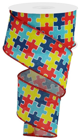 RIBBON | 2.5"X10YD | PUZZLE PIECES | ON ROYAL | AUTISM AWARENESS | WHITE/MULTICOLOR | RGA1523W5