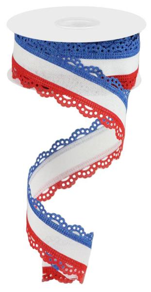 RIBBON | 1.5"X10YD | LACE EDGE | ROYAL BURLAP | RED/WHITE/BLUE | RGA1541A1