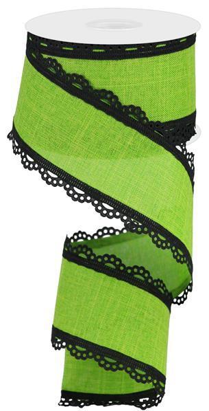 RIBBON | 2.5"X10YD | SCALLOPED EDGE | ROYAL BURLAP | BLACK / LIME GREEN | RGA15427H