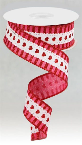 RIBBON | 1.5X10YD HEARTS W/STRIPE BORDER | ROYAL | HOT PINK/WHITE/RED | RGA163411