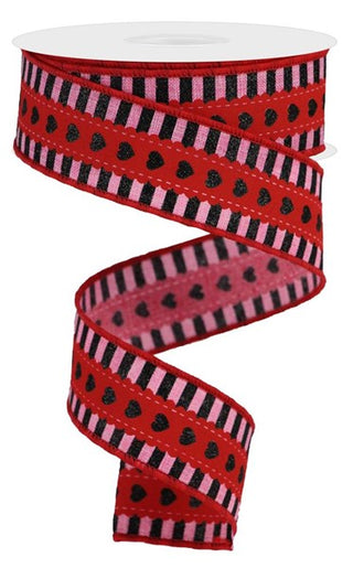 RIBBON | 1.5X10YD HEARTS W/STRIPE BORDER | ROYAL | PINK/RED/BLACK | RGA163422