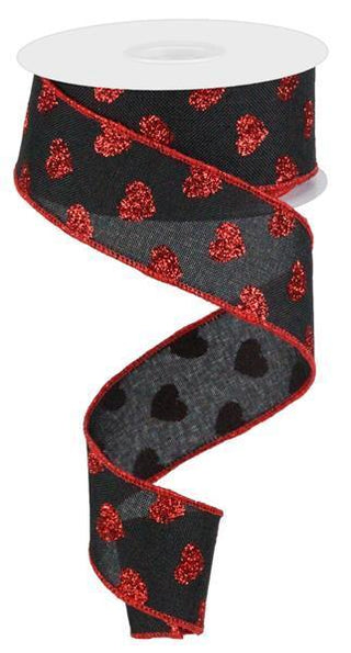 RIBBON | 1.5"X10YD SMALL GLITTER HEARTS/ROYAL | BLACK/RED | RGA173702