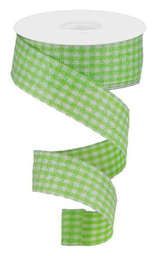 RIBBON | 1.5"X10YD GLITTER ON WOVEN GINGHAM CHECK | LIME GREEN/WHITE | RGA179633