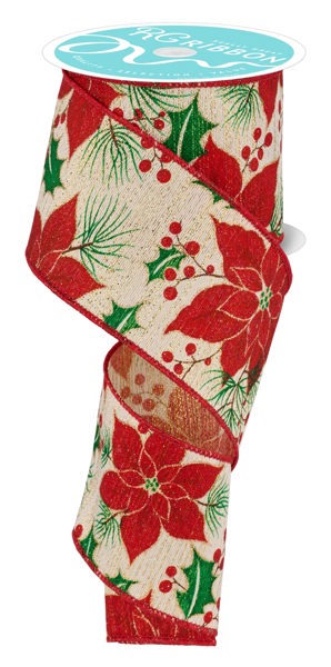 RIBBON | 2.5"X10YD | POINSETTIA/HOLLY/PINE/BERRIES | IVORY/BROWN/RED/GREEN | RGA184430