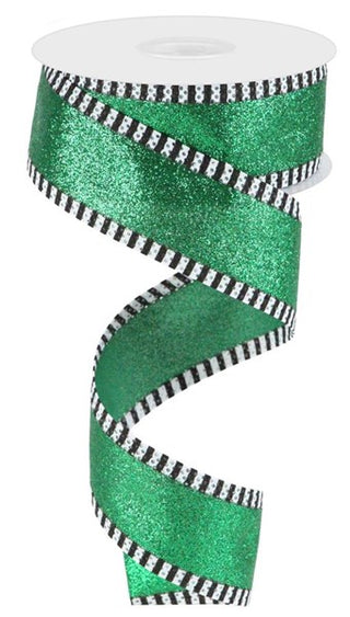 RIBBON | 1.5"X10YD | SHIMMER GLITTER | STRIPE | EMERALD GREEN/BLACK/WHITE | RGA818706