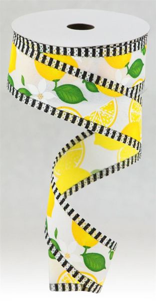 RIBBON | 1.5"X10YD | 1.5"X10YD LEMON W/LEAVES/FLOWERS/STRIPE | BLACK/WHT/YELL/GN | RGA821427