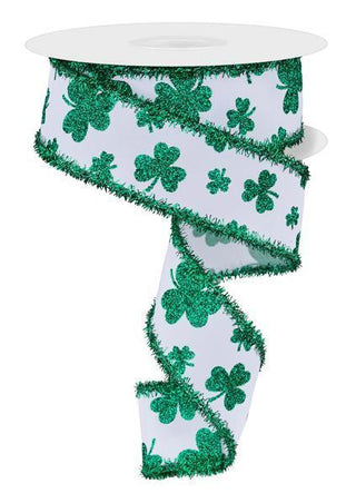 RIBBON | 1.5"X10YD | GLITTER SHAMROCK/TINSEL | WHITE/KELLY GREEN | RGA851627