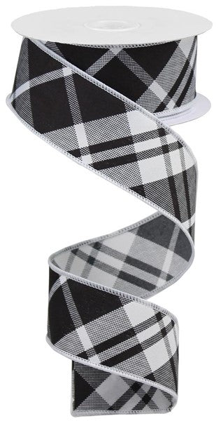 RIBBON | 1.5"X10YD | PRINTED DIAGONAL PLAID | WHITE/BLACK | RGB105027