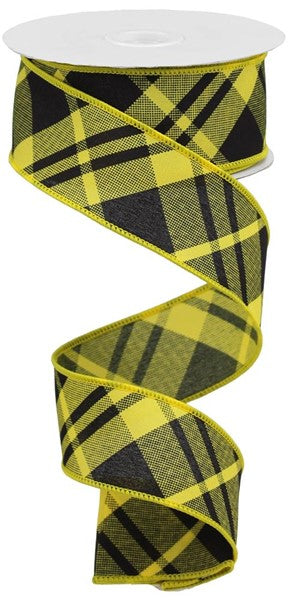 RIBBON | 1.5"X10YD | PRINTED DIAGONAL PLAID | SUN YELLOW/BLACK | RGB10508N