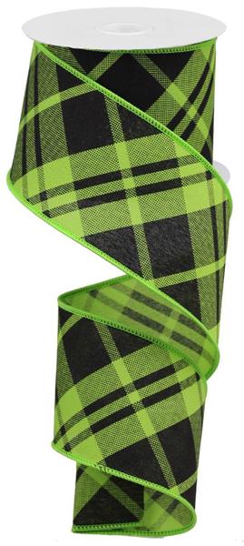 RIBBON | 2.5"X10YD | PRINTED DIAGONAL PLAID | LIME GREEN/BLACK | RGB105133