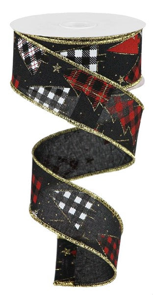 RIBBON | 1.5"X10YD | PLAID TREES | ON FAUX ROYAL | BLACK/WHITE/RED/GOLD | WINTER | RGB105602