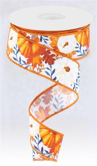 RIBBON | 1.5"X10YD PUMPKIN/FOLIAGE ON ROYAL | WHITE/MUSTARD/ORANGE/NAVY | RGB1080X4