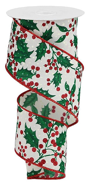 RIBBON | 2.5"X10YD HOLLY LEAVES/BERRIES | CREAM/RED/GREEN/IVORY | RGB1177C2