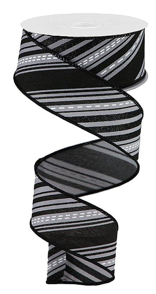 RIBBON | 1.5"X10YD | SLANTED LINES/PLAID | GREY/WHITE/BLACK | RGB12086C