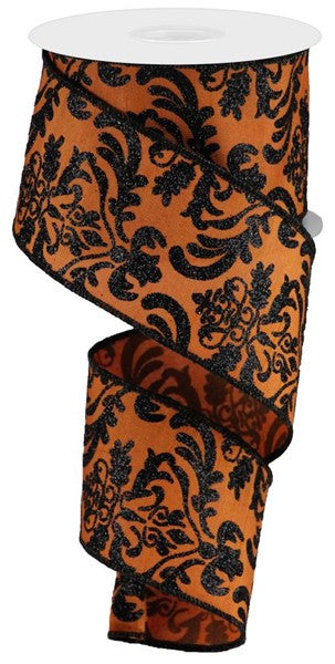 RIBBON | 2.5"X10YD BOLD DAMASK/FAUX DUPIONI | ORANGE/BLACK | RGB1325TC