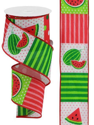 RIBBON | 2.5"X10YD WATERMELON BLOCK/FAUX ROYAL | WHITE/LT PINK/GREEN | RGC1142WT