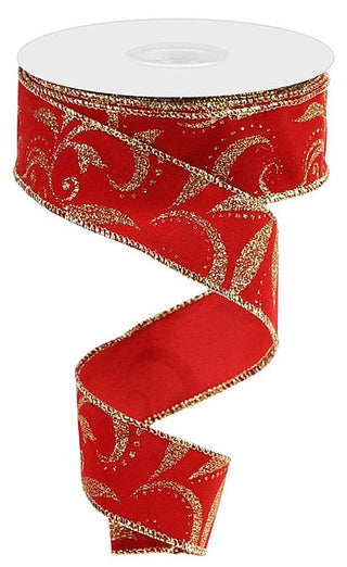RIBBON | 1.5"X10YD| GLITTER SCROLL ON VELVET | RED/GOLD | RGC1265
